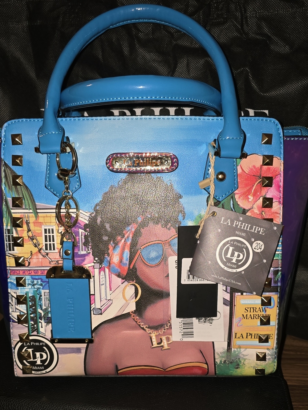 LA PHILIPE Blue Graphic Top-Handle Women’s Bag